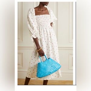 Sleeper White Smocked Dress with Red Dot Print linen medium